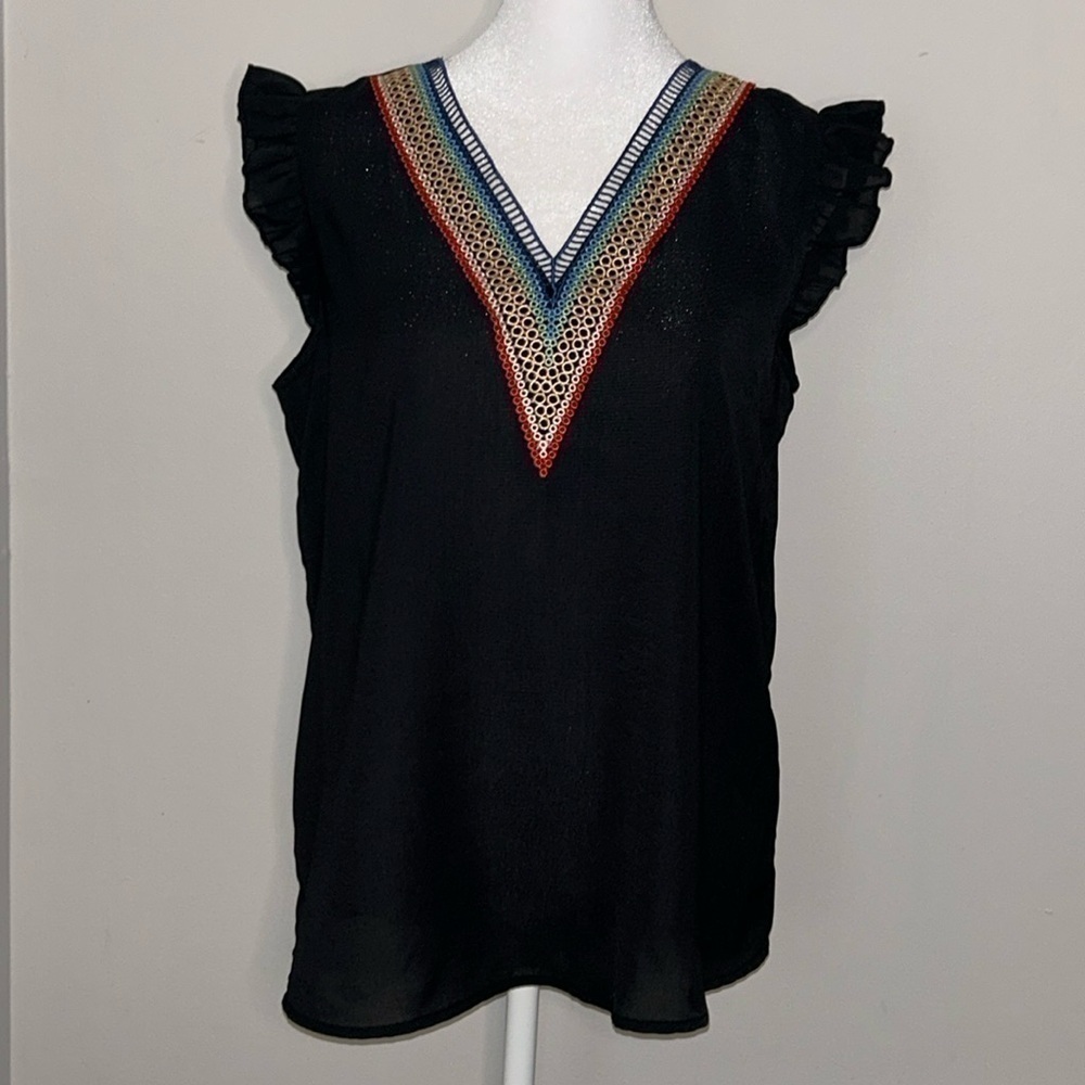 SHEIN Rainbow 🌈 Embellished Neckline Top with Ruffle Sleeves Size Small